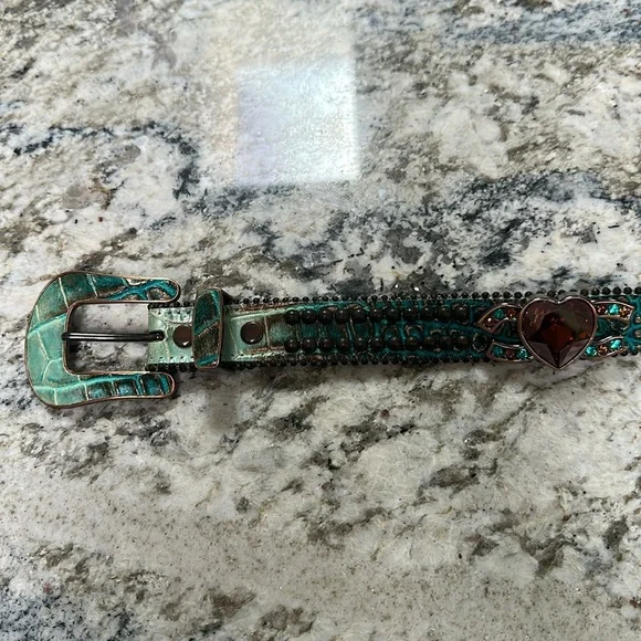 BB Simon Turquoise Crystal Leather Belt - Picture 2 of 8